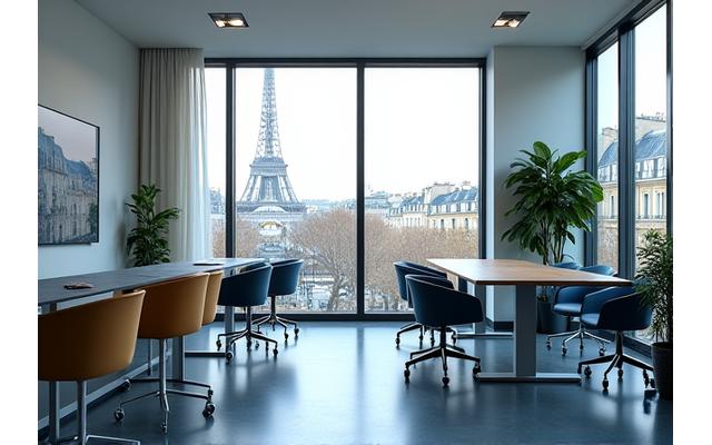 Modern and bright office interior of Grenelle Tax Advisory, featuring a meeting room with a large window overlooking Paris.