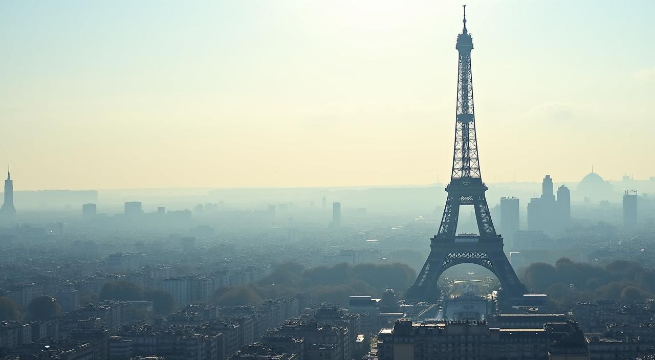 Panoramic view of the Paris skyline with Eiffel Tower, representing French financial landscape.
