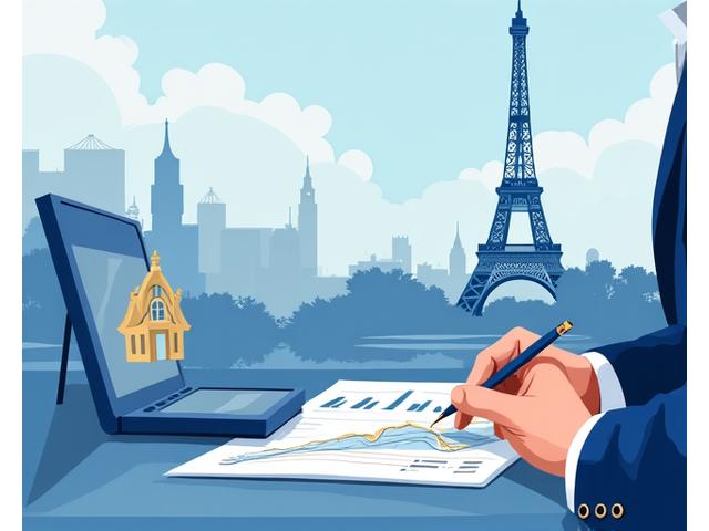 Illustration of a person analyzing stock charts with French landmark in background, symbolizing foreign investment.