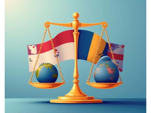 Illustration of intertwined national flags with a balance scale, symbolizing international agreements and fairness.